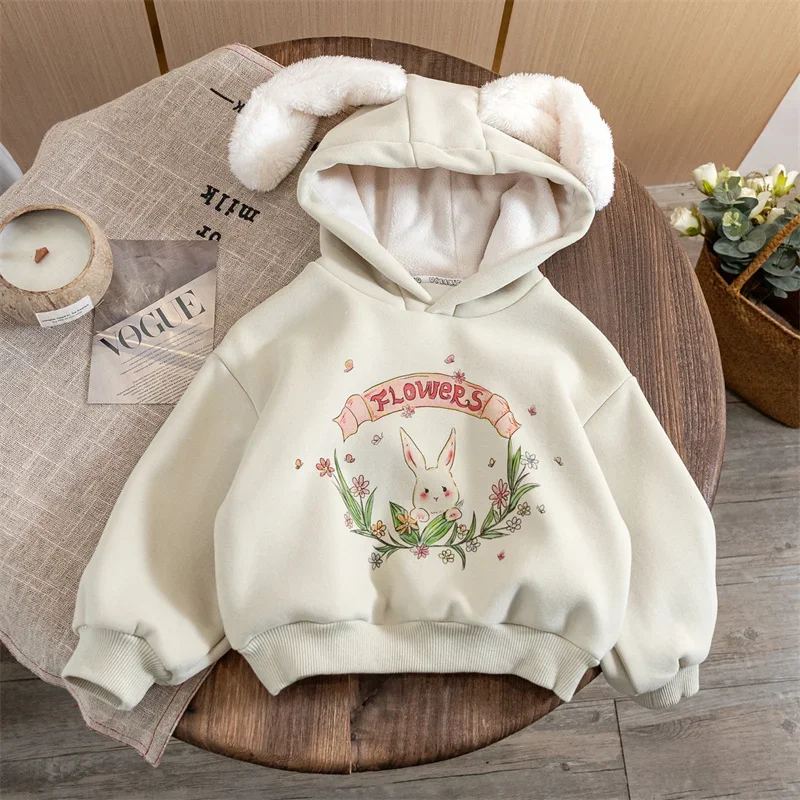 Girls Hoodies Winter Thicken Pullovers for Kids Plus Velvet Children Jackets Rabbit Ear Toddler Outerwear Baby Sweater Clothing