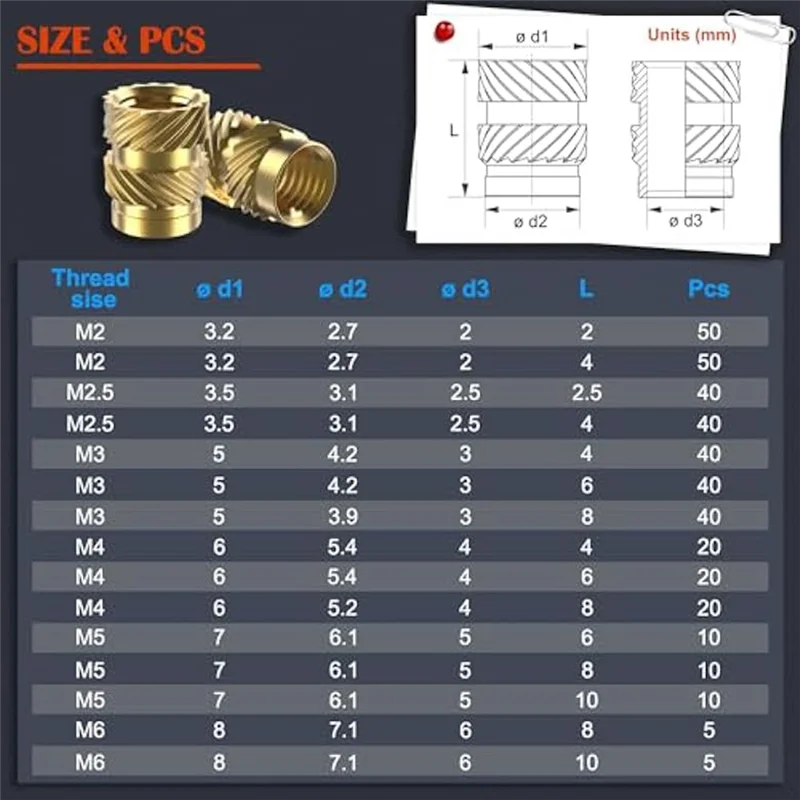 A23I-400Pcs Threaded Inserts,M2/M2.5/M3/M4/M5/M6 Thread Knurled Nuts Assortment Kit Heat Set Insert For Plastic 3D Printing