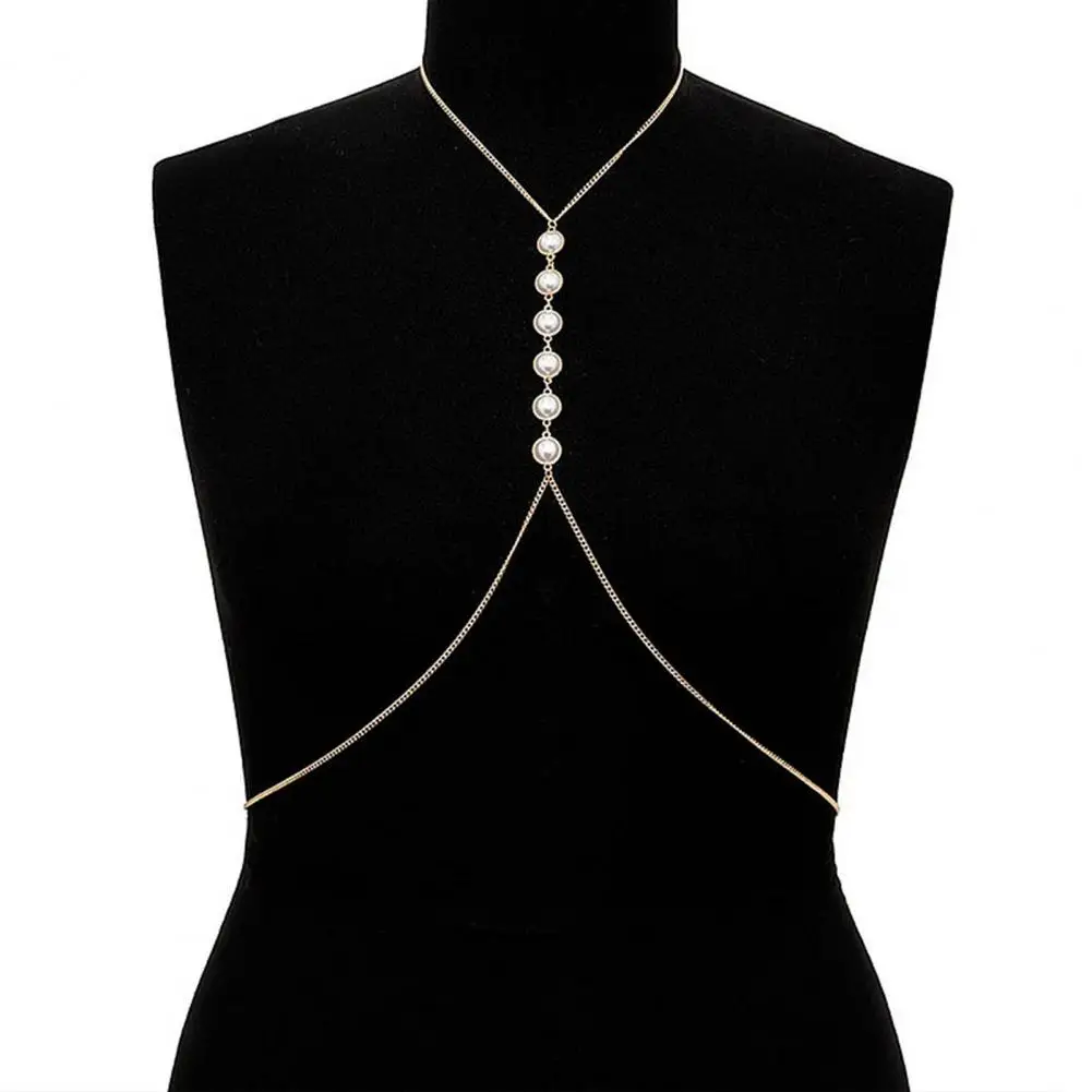 V-neck Suit Accessory Sexy Bra Chain Necklace Faux Pearl Body Jewelry Golden Silver Boho Bikini Accessory Chest Chain for Club