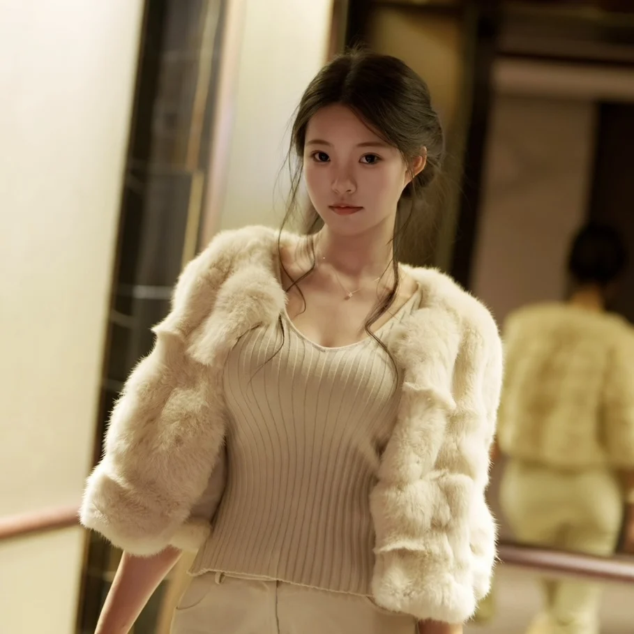 

High Quali ort Sle Rabbit Fur Coat for Women Floral Pattern Tee Quarter Sve Youth Faion Sweet Sle Chinese Brand