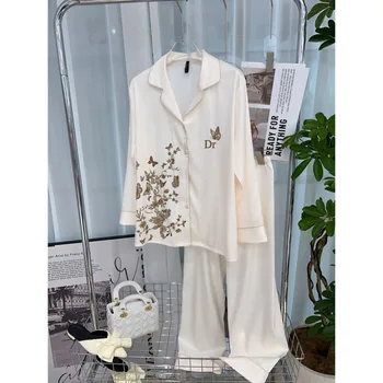 أنيقة فراشة طباعة تصميم Ins نمط Ins المرأة منامة متعرجة الجليد بيجامة من الحرير مجموعات تنفس مادة الساتان الناعمة