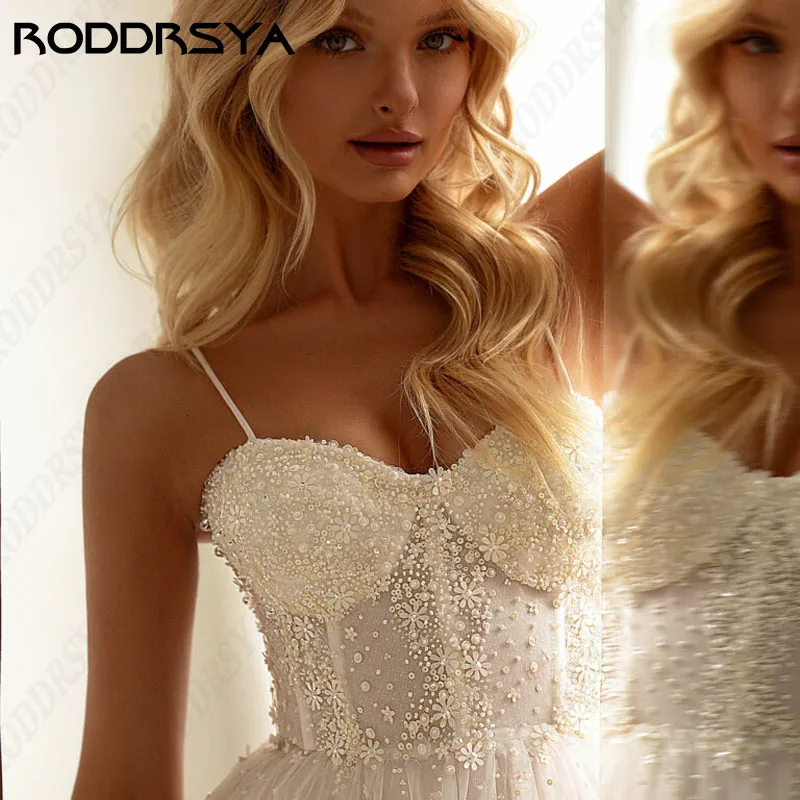 RODDRSYA-vestidos de novia con lentejuelas brillantes, vestidos de novia con cordones, Espalda descubierta, tirantes finos, escote corazón vestidos de novia con lentejuelas brillantes, vestidos de novia con cordones, E