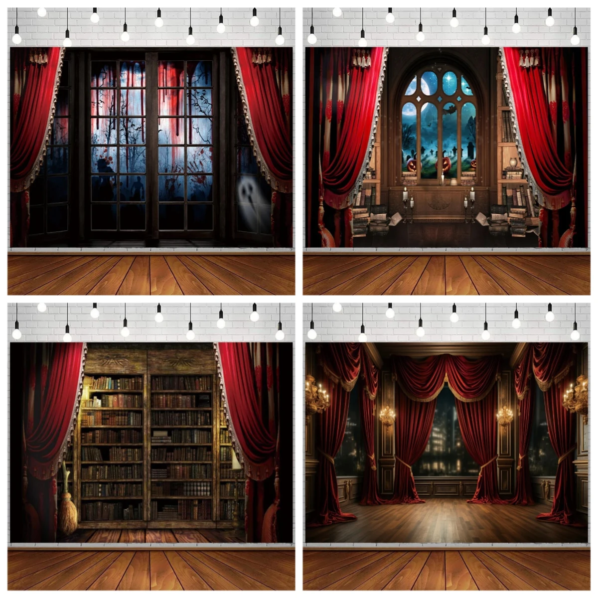 

Halloween Photography Backdrop Retro Red Curtain Moon Night Window Bloody Mudra Kid Party Portrait Background Decor Photo Studio