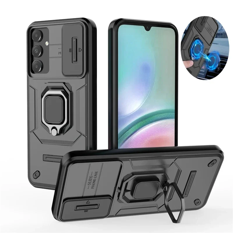 For Samsung Galaxy A15 Case Slide Camera Armor Shockproof Coque For GalaxyA15 A15 A 15 Car Magnetic Holder Ring Stand Back Cover