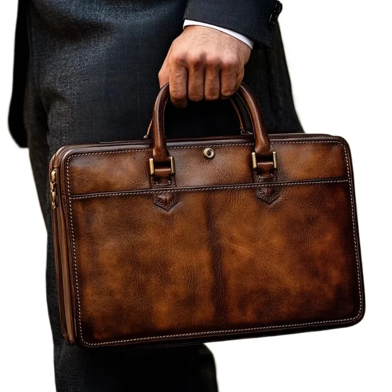 High Quality New Design Large Capacity Brown Full Grain Leather Notebook Briefcase Men