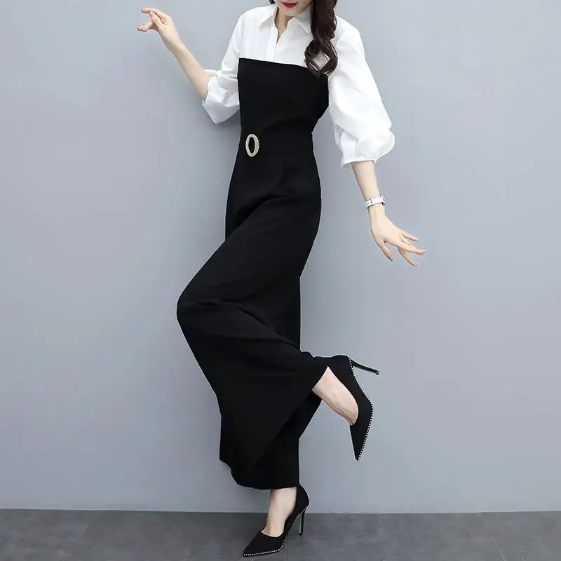 

Женский комбинезон с воротником-поло, повседневные свободные элегантные брюки с широкими штанинами, с рукавом три четверти, в Корейском стиле, лето