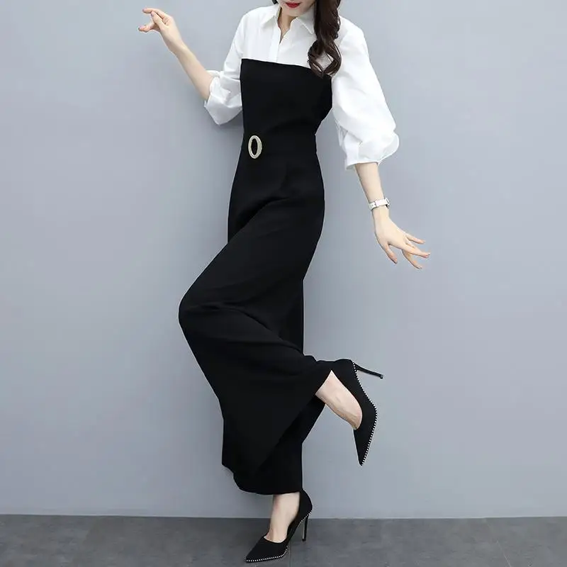 Summer New POLO Collar Fashion Three Quarter Korean Style Jumpsuits Women High Street Casual Loose Elegant Wide Leg Trousers