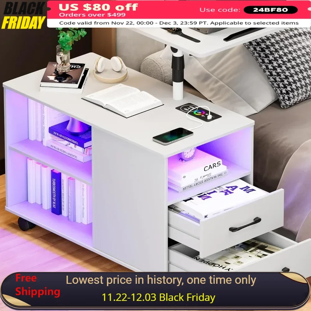 Nightstand with Wireless Charging Station Auto Sensor Bedside Table with Laptop Tray 360° LED Nightstand