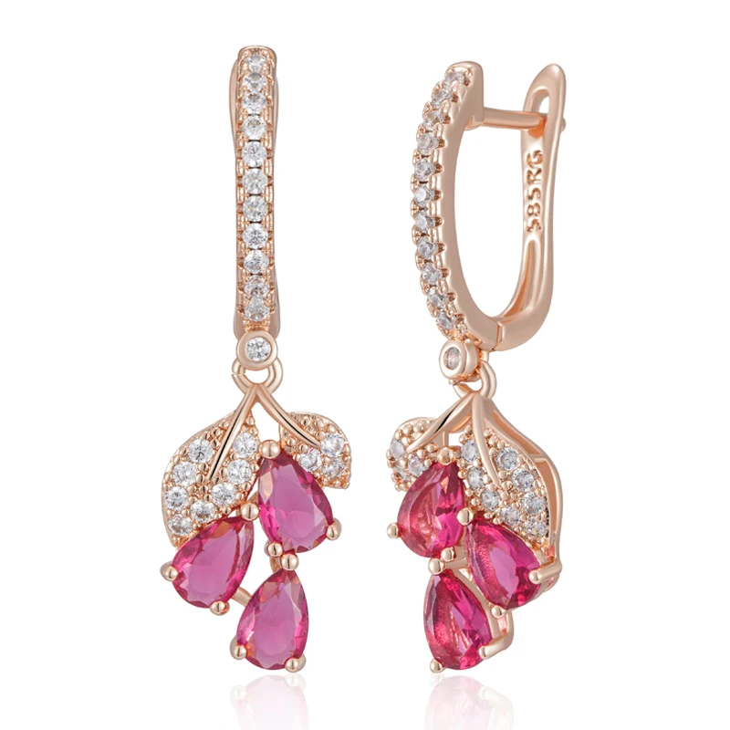 Kienl Hot 585 Rose Gold Color Flower Drop Earring for Women Fashion Red Natural Zircon Accessories High Quality Daily Jewelry