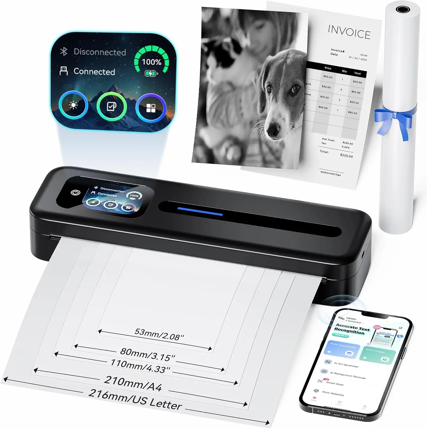 Upgraded Portable Inkless Printer with Touchscreen M832D Bluetooth Wireless Thermal Printer 8.5