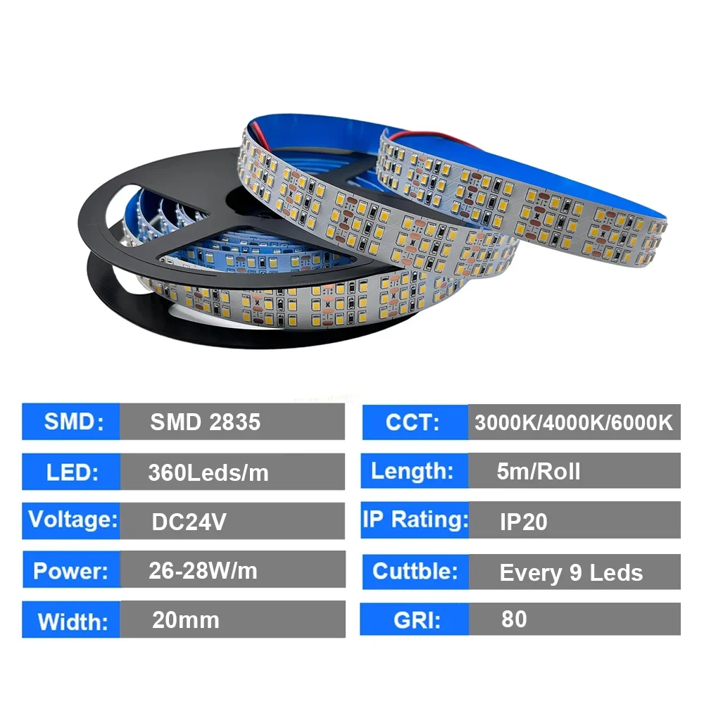 Super Bright Three Row Led Strip lights 2835 360Leds 480Leds 240Leds 12V/24V Flexible Led Tape IP67 Waterproof 3000K/4000K/6000K