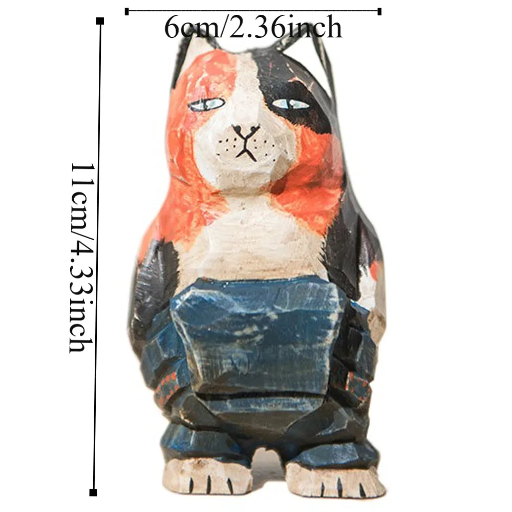 Ornement de chat de dessin animé peint à la main en bois massif, sculpté de style simple, petit et mignon