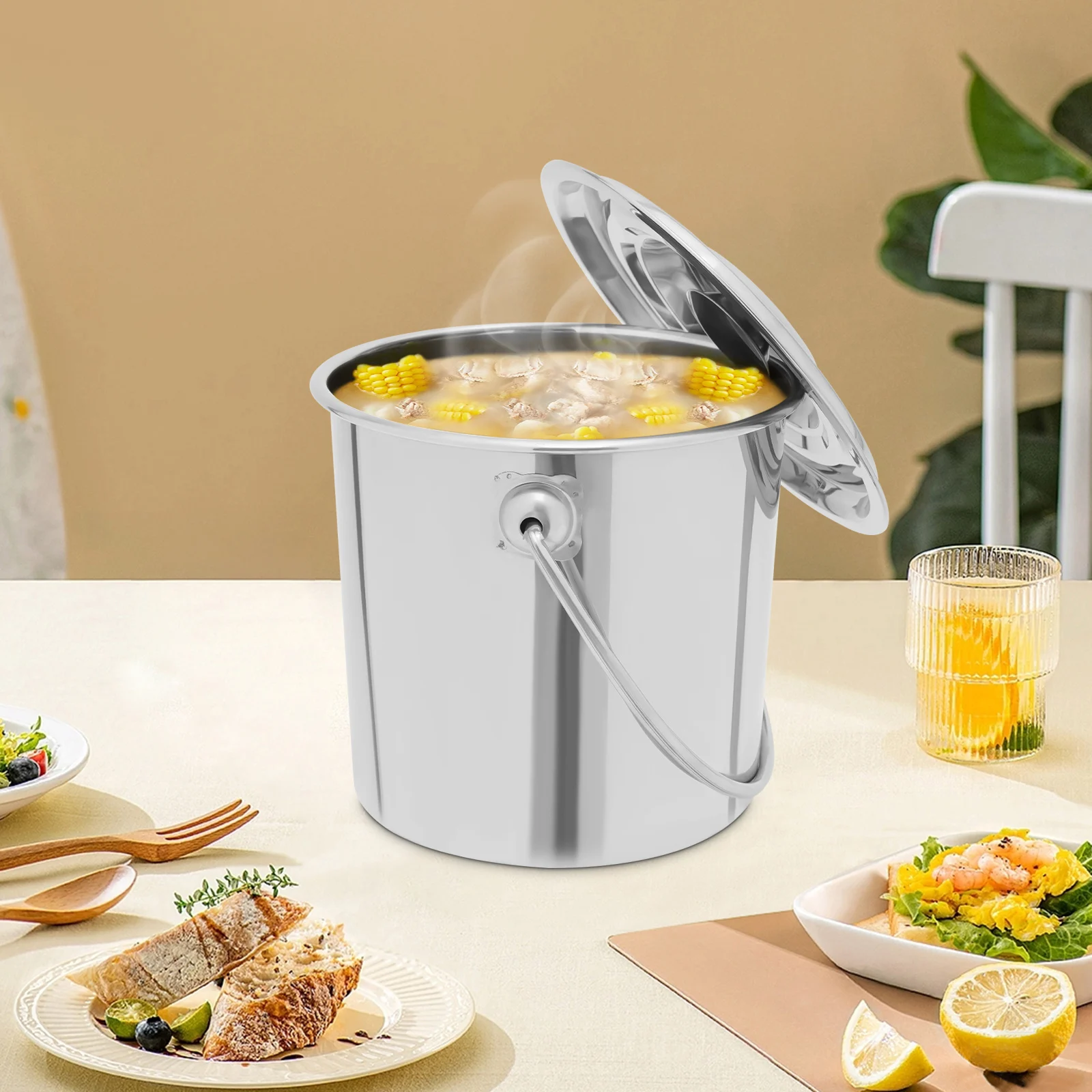 Stainless Steel Kitchen Food Bucket Milk Bucket Champagne CoolerIce Bucket Stainless Steel Bucket Ice Bucket with Lid 6L