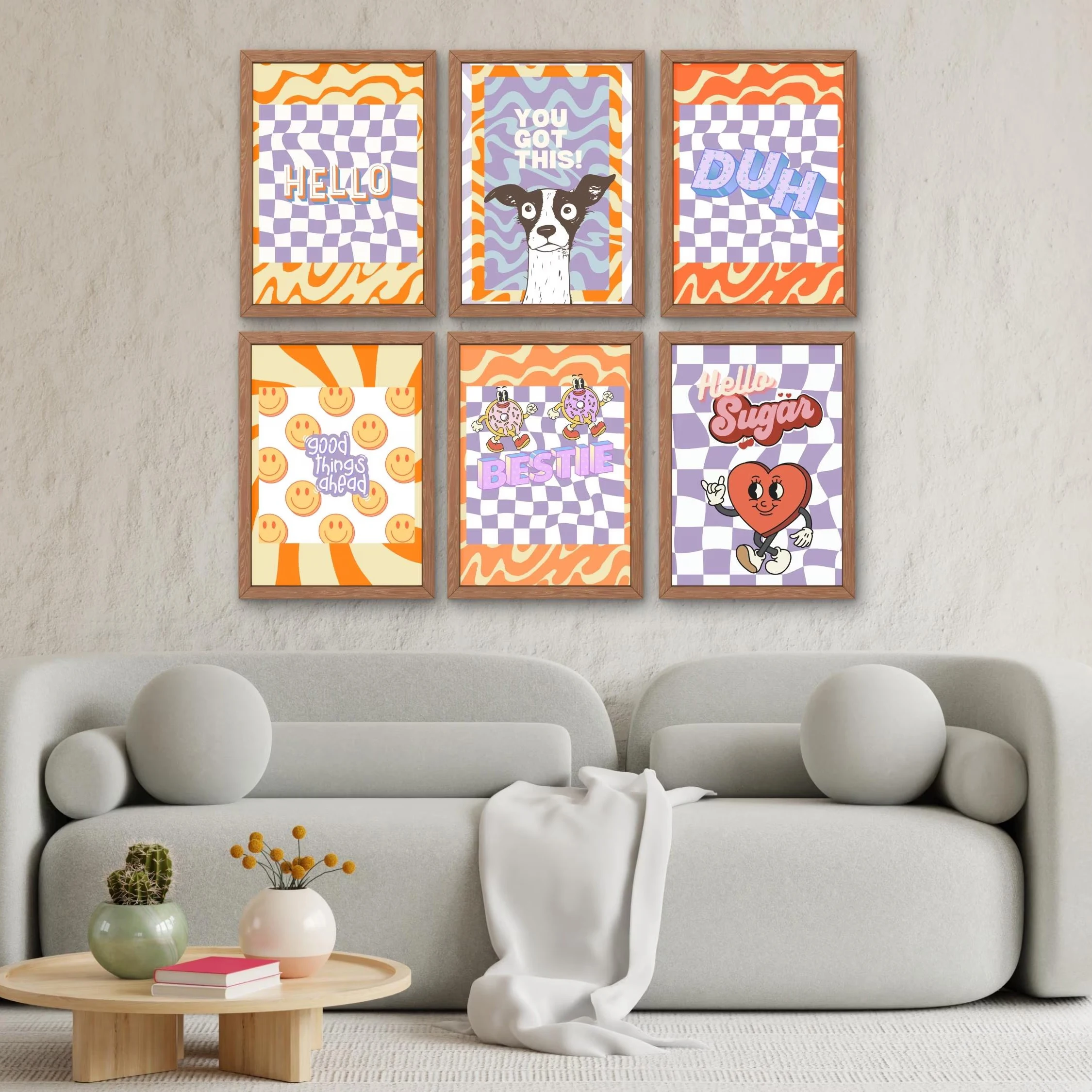 A set of 6 decorative prints in a maximalist retro style canvas print art posters perfect for modern living rooms and home décor