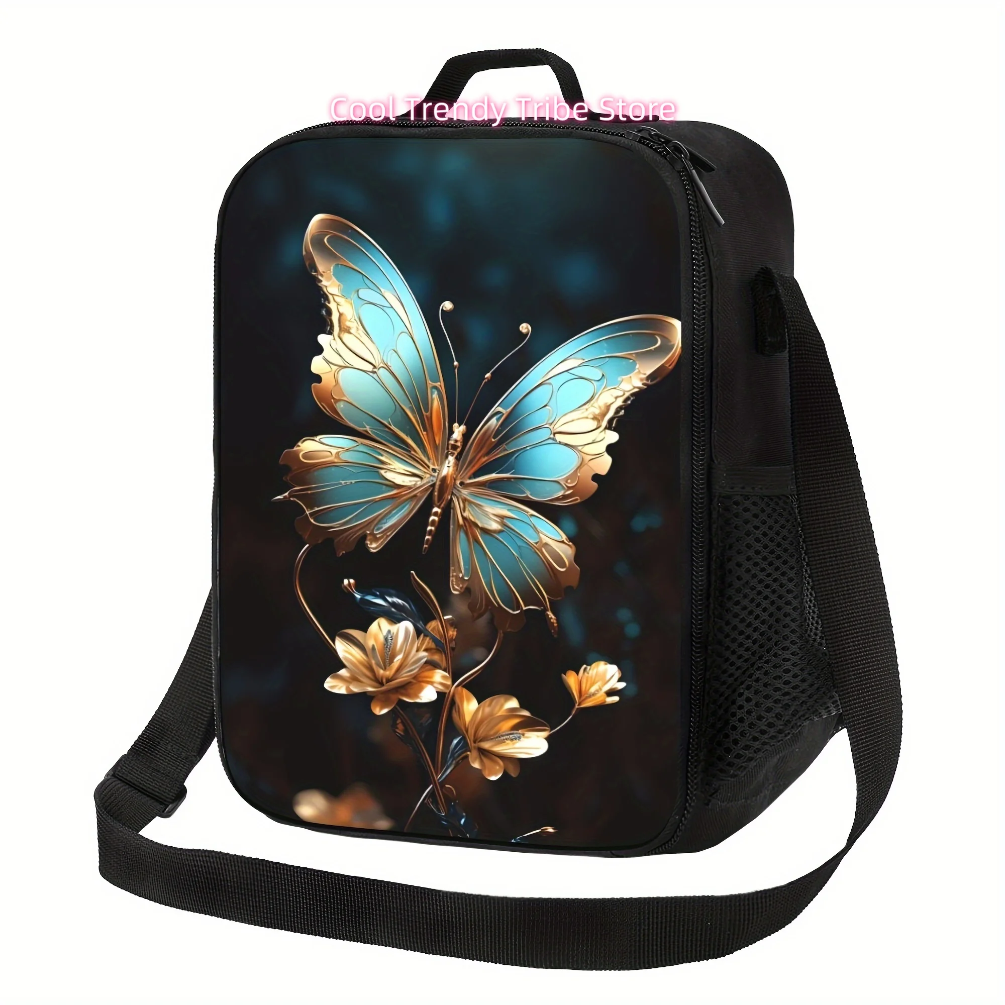 1pc blue and Golden butterfly, portable reusable refrigerated bag, insulated bag, insulated lunch bag, for camping, pi