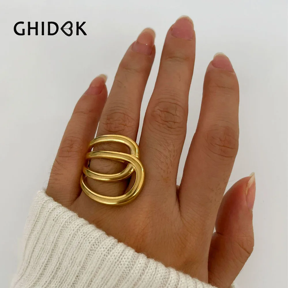 GHIDBK Trendy Stainless Steel 18K Pvd Gold Plated Multi-layer Hollow Finger Rings for Women Men Anti-Tarnish Designer Jewelry