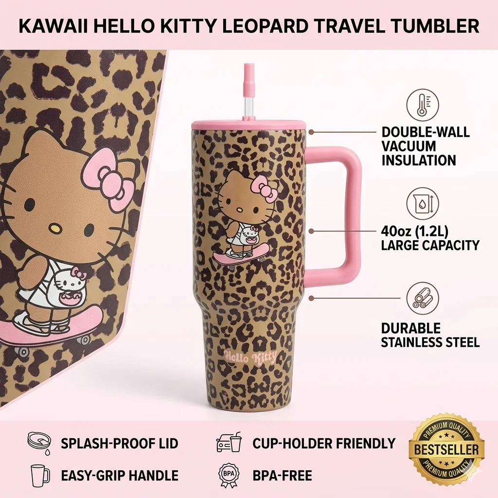 Bouteille isotherme en acier inoxydable Hello Kitty motif léopard, tasse de voyage sportive, cadeau pour filles