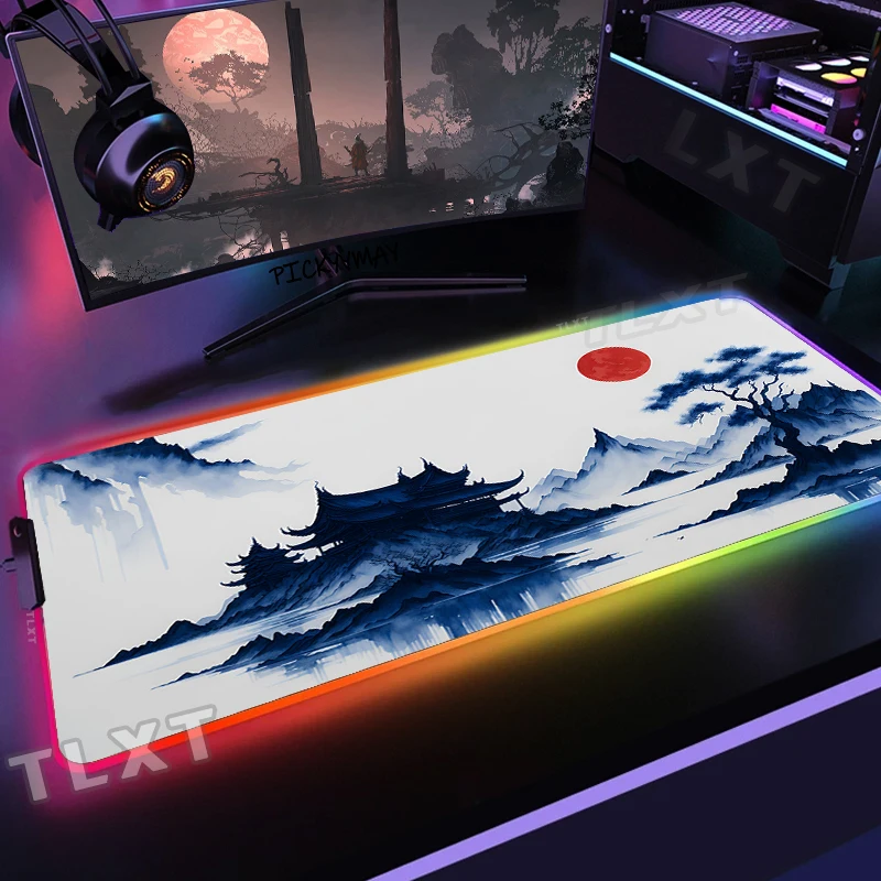 

Ink Painting LED Gaming Mousepads Large Backlight Desk Mats PC Gamer Mousepad RGB Mouse Pad Luminous Landscape Mouse Mat 100x50