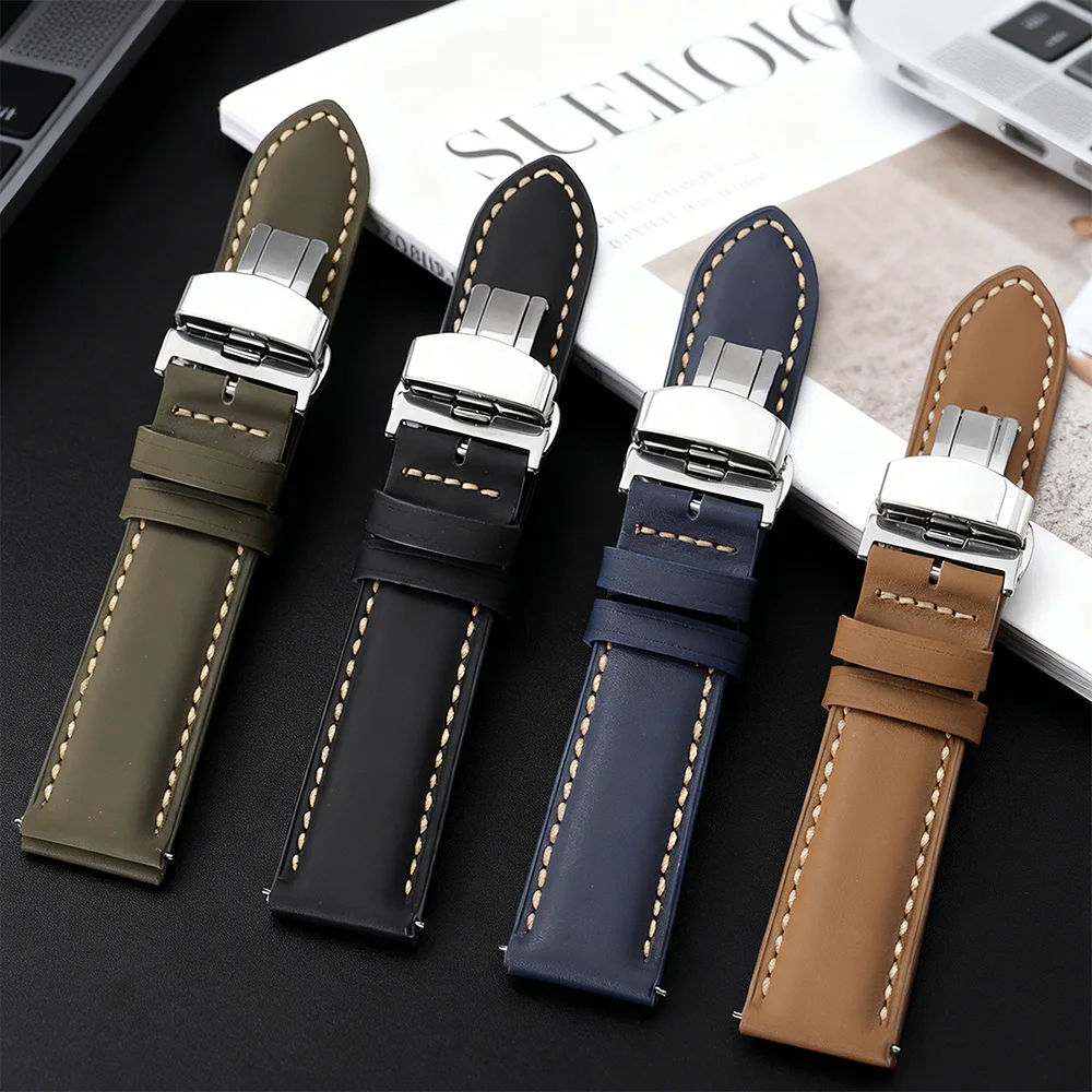 

Calfskin Leather Watchband for Omega Business Watch Band for Seiko 22mm 20mm 18mm Butterfly Buckle Stitching Quick Release Strap