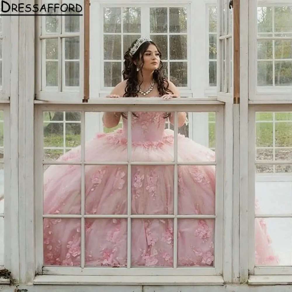 Vestido rosa sin hombros Para quinceañera, sin mangas, con flores en 3D, corsé de encaje Para XV Años