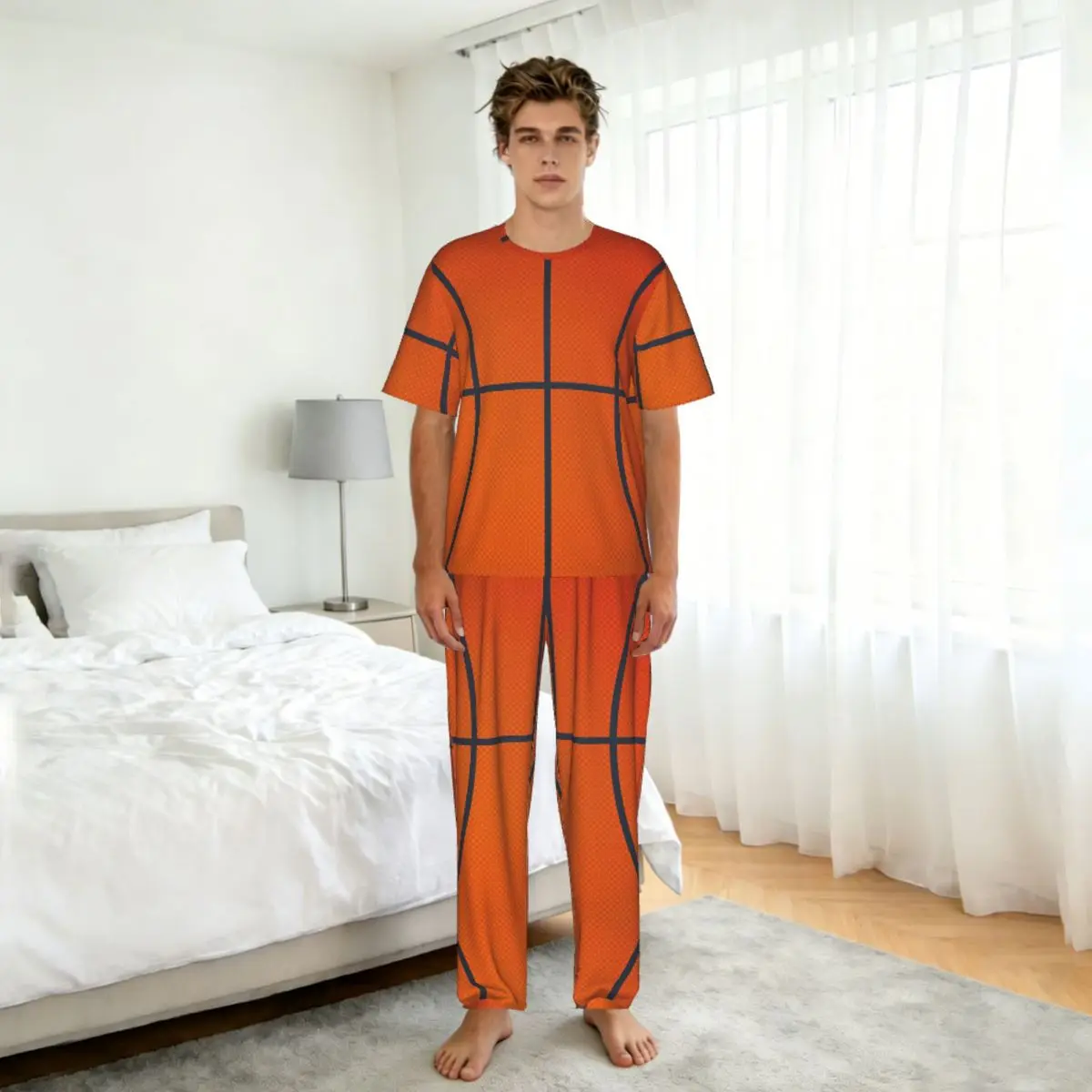 Men Pajamas Suit Short Sleeved Long Pants Basketball Background Sleepwear Summer Home Clothing Set view 5