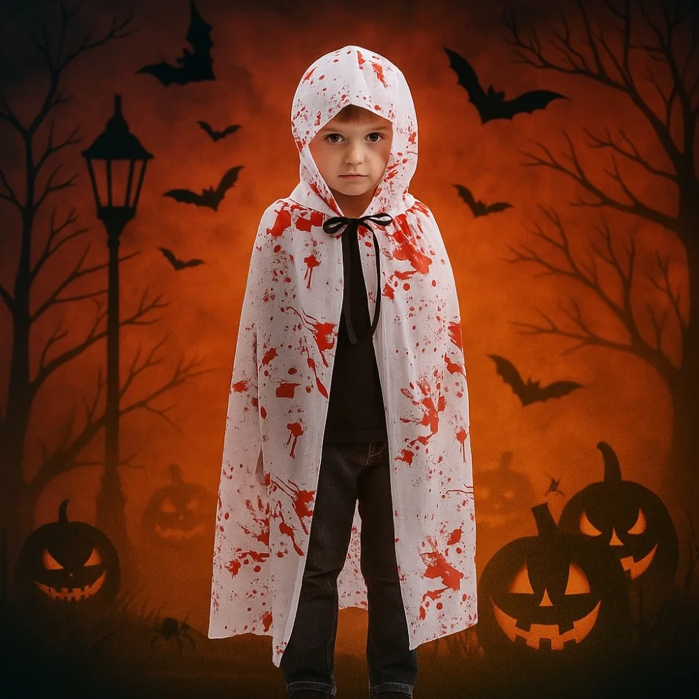 

Повседневный костюм на Хэллоуин с пятнами крови, реквизит для косплея, клетчатый плащ для вечеринки на Хэллоуин, плащ смерти с кепкой, забавная накидка с темной паутиной, детская накидка