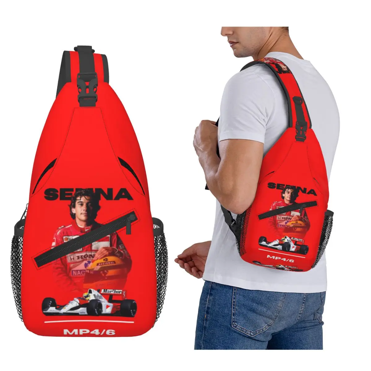 

Ayrton Senna 1991 Helmet Racing Chest Bag Men Sling Crossbody Backpack Chest Bag Travel Hiking Daypack Shoulder Bag