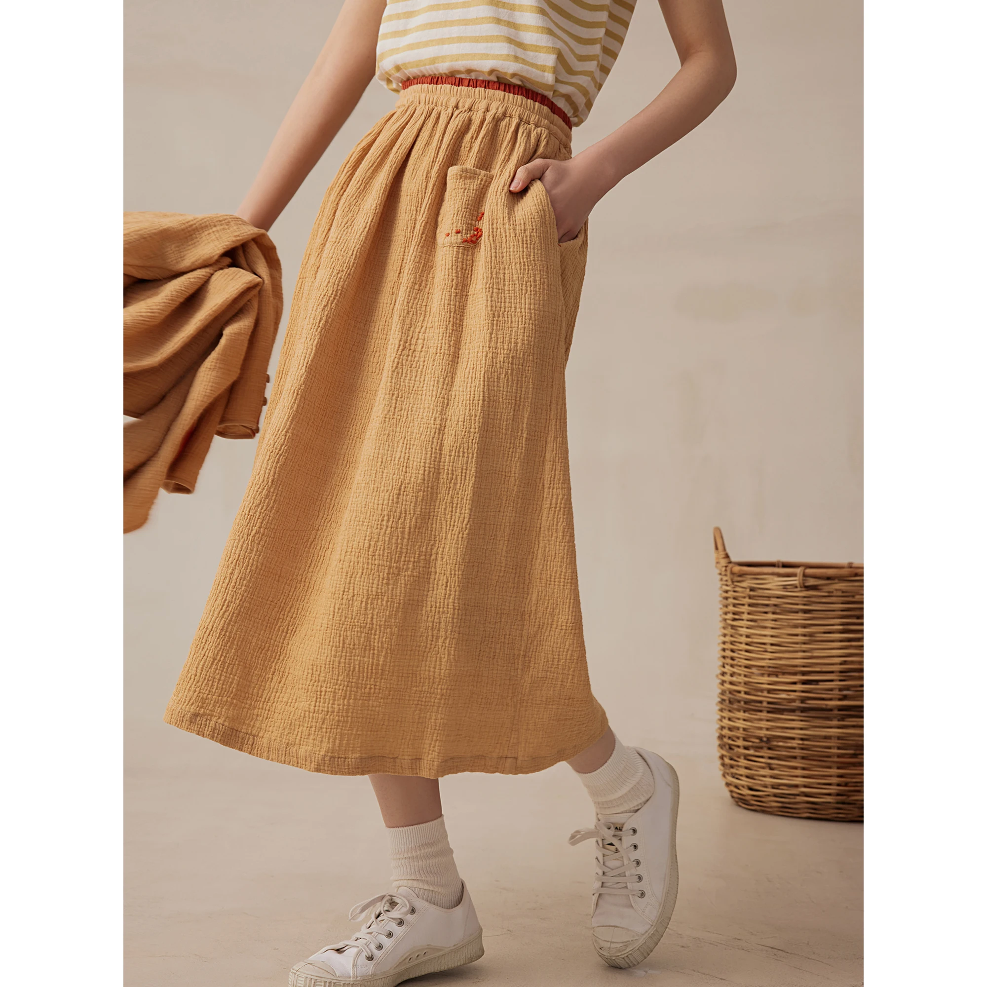 

Mallin Original Women's Cotton Linen Embroidered Texture Simple Casual Elastic Waist Skirt Spring 2026 A-Line Skirt