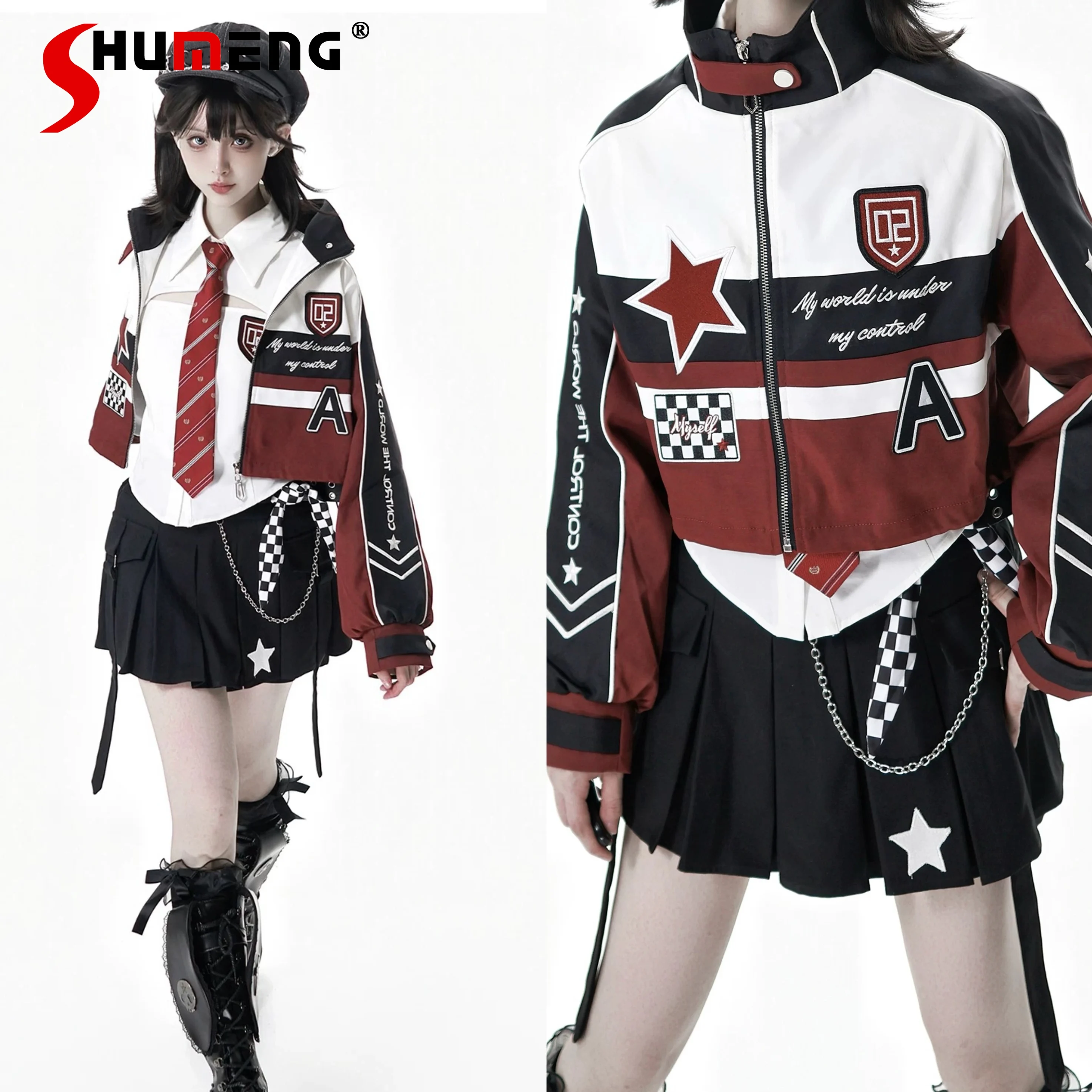 الطالب الياباني الحلو بارد دراجة نارية نمط رياضية الخريف جديد المرأة Y2K البريدي سترة سترة طويلة الأكمام قميص تنورة مجموعة