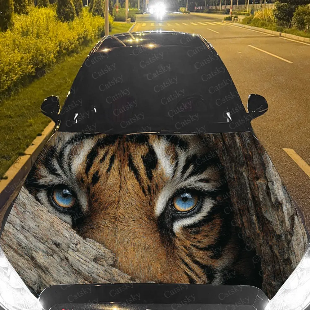 Car Decal Tiger with Blue-Eyed Artistic Fusion in Camouflage-Inspired Design, Creating a Bold and Intriguing Visual Car Hood Sti
