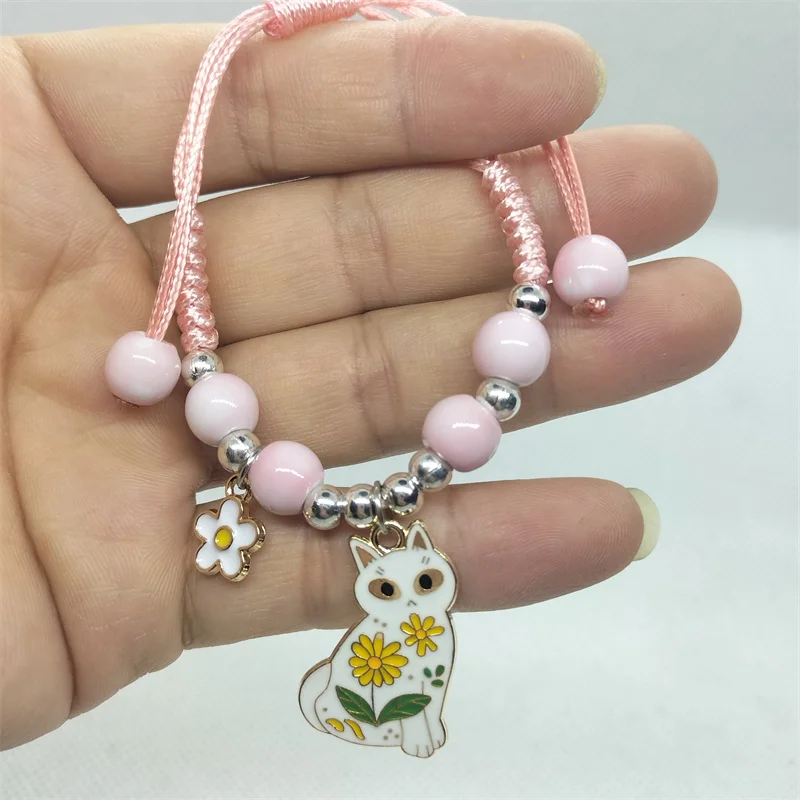 Yungqi Cartoon Animal Cat Bracelet Hand Girl Kids Women Gift Friendship Enamel Flower Pendant Charm Strap Rope Bracelets Jewelry