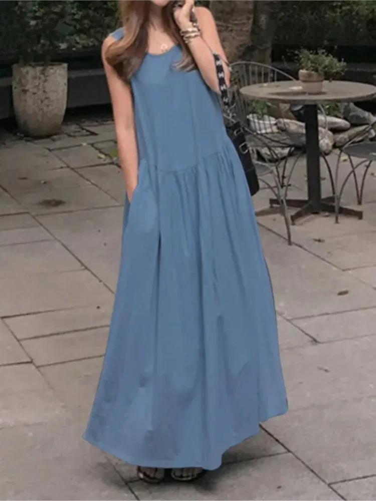 

Summer Solid Color Sleeveless Long Dresses Women Casual Streetwear Fashion Loose Maxi Dress Female 2024 New Pleated Vestidos