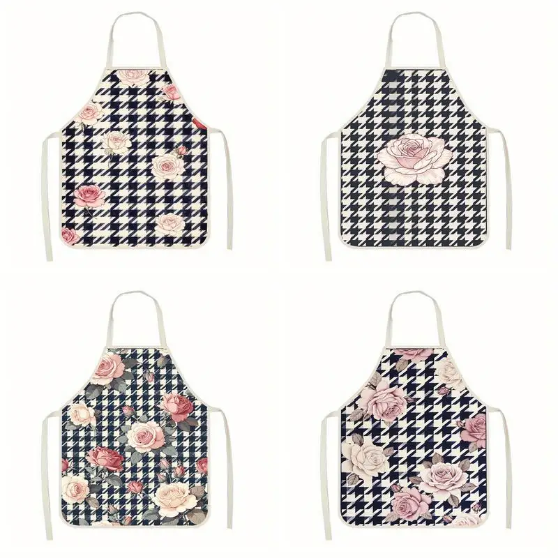 

Houndstooth Floral Aprons Linen apron, suitable for kitchen cooking, parent-child interaction, painting and other scenarios