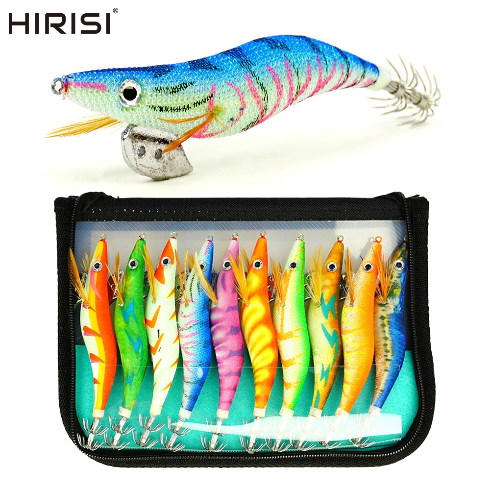 Hirisi 10-teiliges leuchtendes Tintenfisch-Jig-Set – Holz-Garnelen-Design für Oktopus, Tintenfisch und Garnelen, Salzwasser-Angelköder