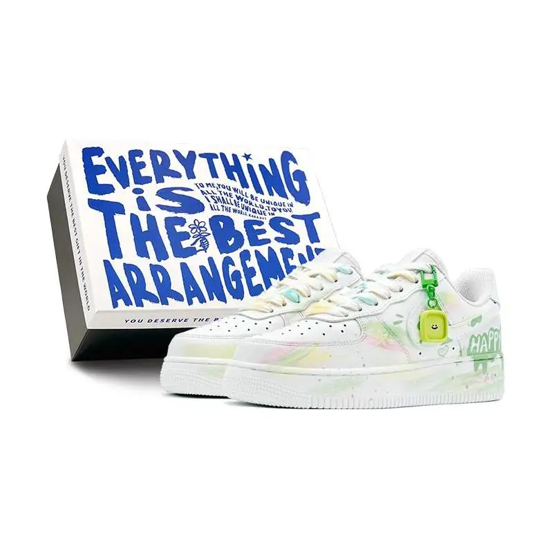 

[Custom Happy Doodle S-BOX]Nike Air Force 1 Anti Slip Wear Resistant Low Top Skateboard Shoes Women's White