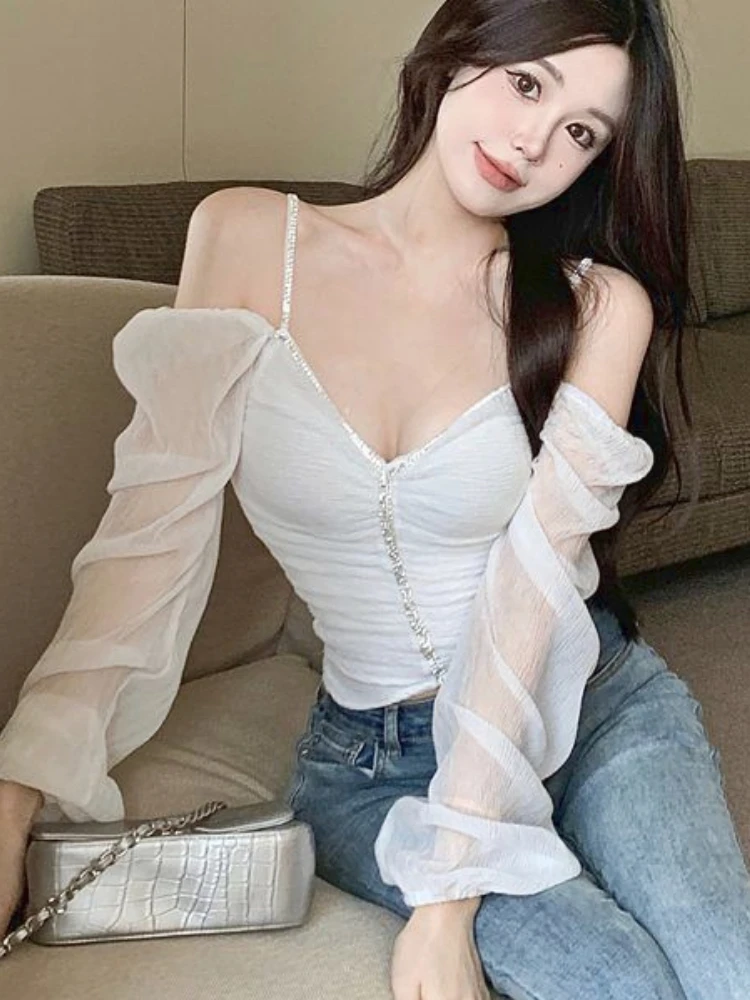 Autumn Pink Sexy Elegant Blouse Women Ruffled Backless Korean Designer Tops Female Puff Sleeve Fashion Casual Blouse 2023 New