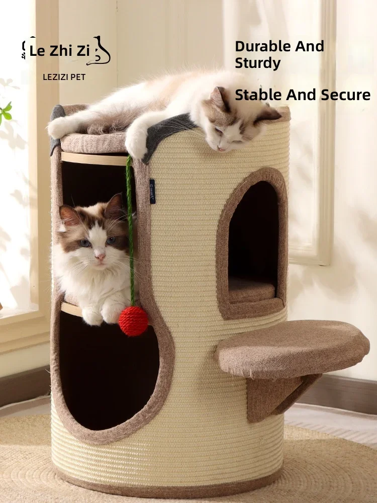 #Double-Layer Cat Tree with Woven Sisal Bucket,Compact Indoor Cat Condo for Small Spaces,Summer-Friendly Non-Shedding Scratching