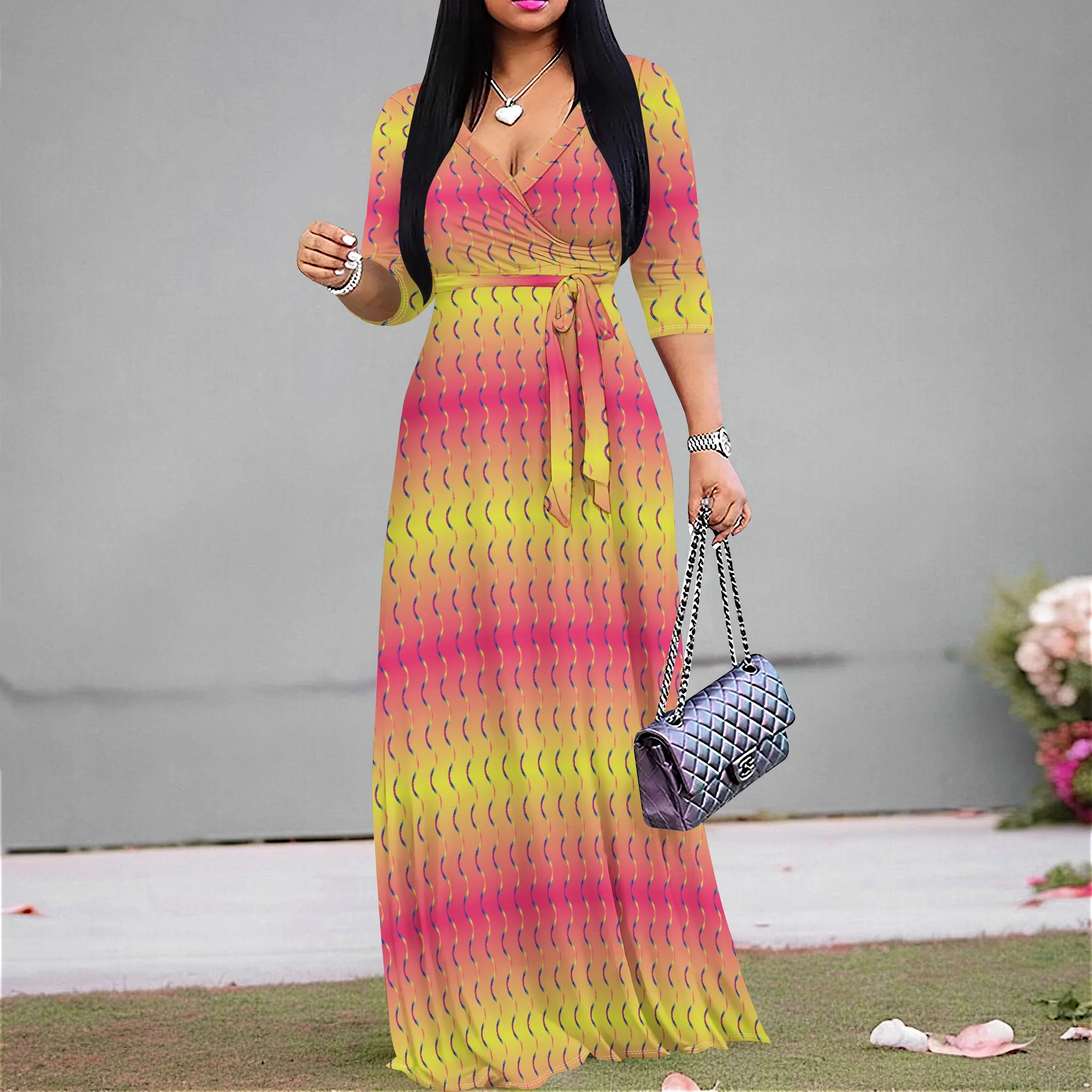 

Women's Gradient Color Print Maxi Dress V-Neck 3/4 Sleeve High Waist A-Line Party Dress for Cocktail Evening XS-3XL