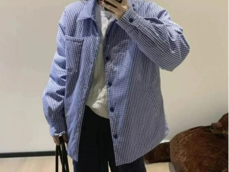 

Temperament Retro Blue Plaid Shirt Women's Winter Lazy Wind Loose and Thin Coat