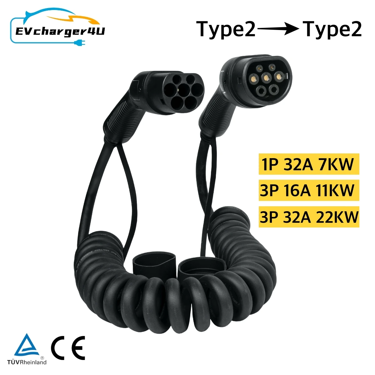 EVcharger4U IEC62196 Type 2 to Type2 Spiral EV Charger Cable 3Phase 11KW 22KW Coiled Cord for Electric Vehicle Charging Station