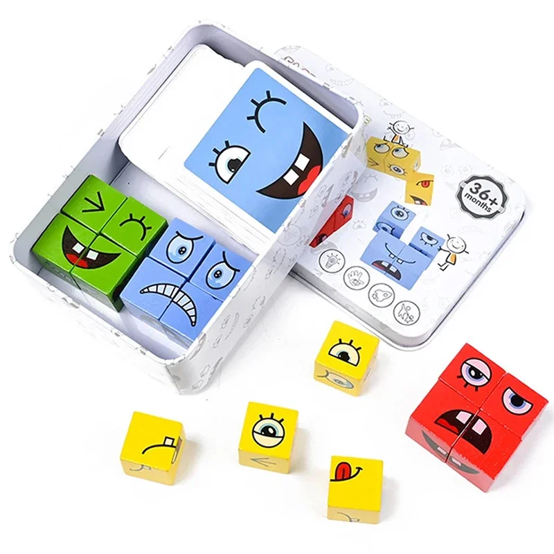 Face Changing Building Blocks Iron Box Toys Montessori Wooden Face-changing Cube Board Game Kids Educational Blocks Party Games