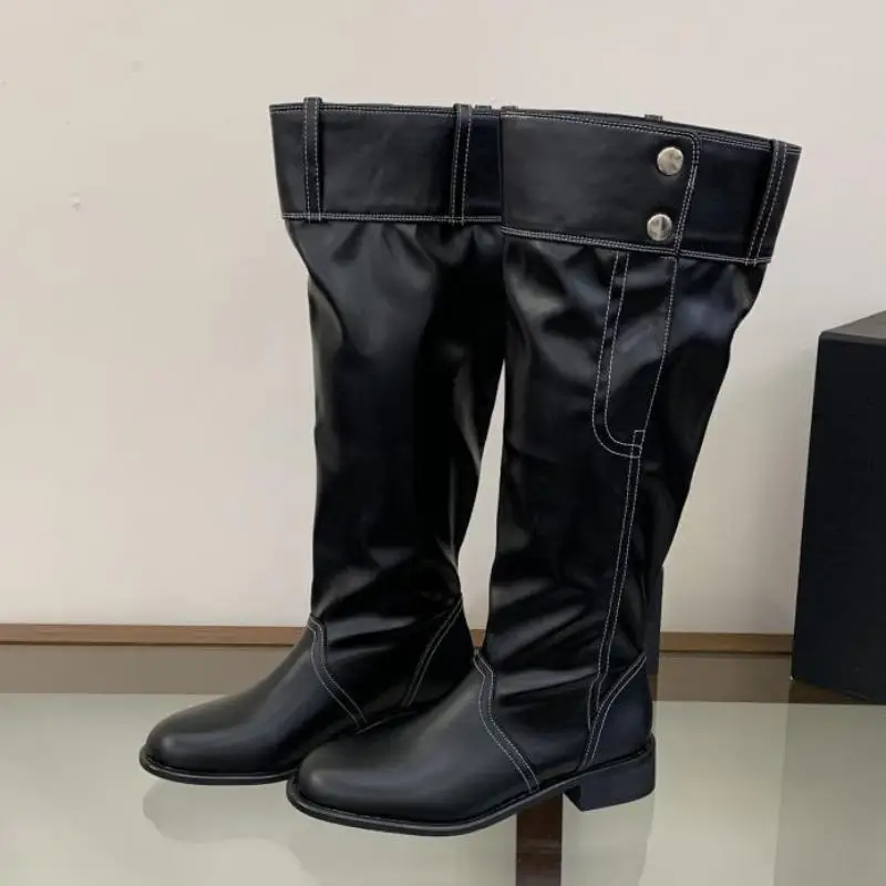 Purcoral 2026 Women Knee High Boots Square Toe Turn‑Down Cuff Metal Buttons Heel PU Leather Ladies Fall Winter Long Boots view 2