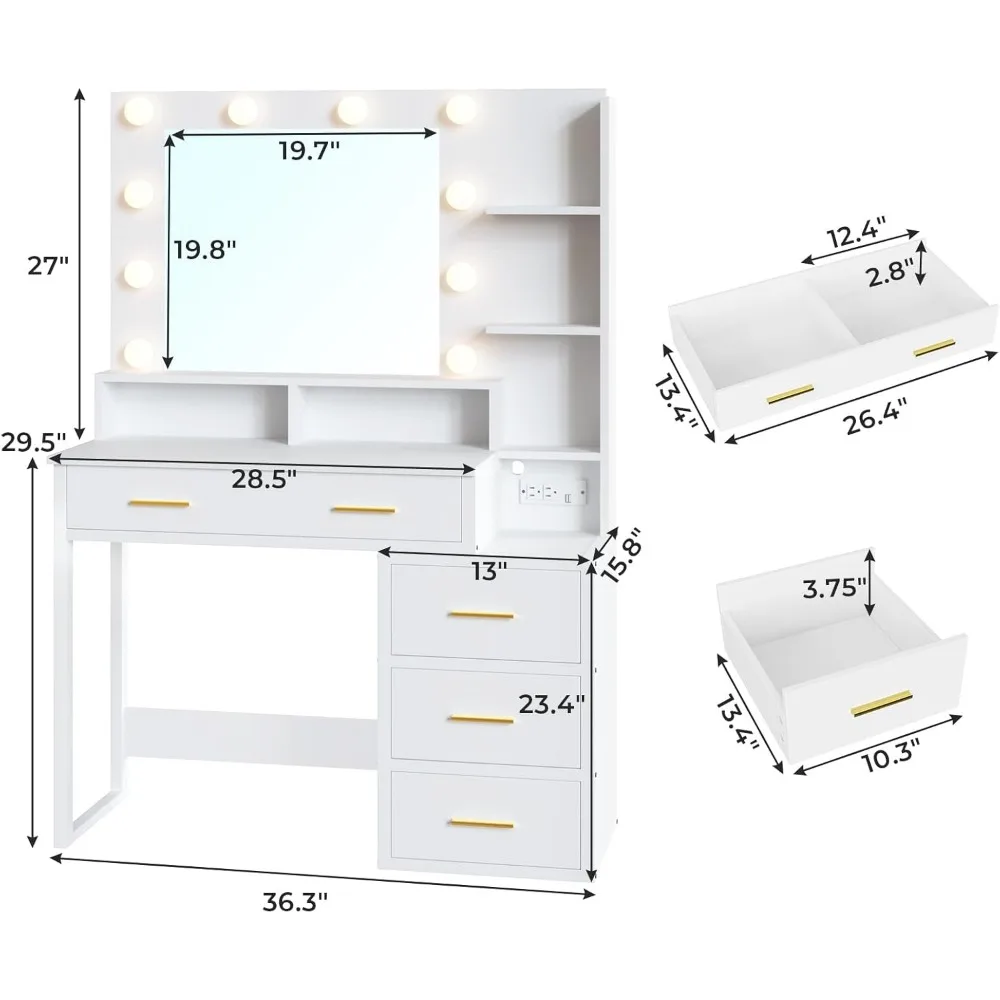 White Makeup Vanity with 10 Light Bulbs, Modern Vanity Desk with Mirror & 3 Lighting Modes, Vanity Table  Outlets