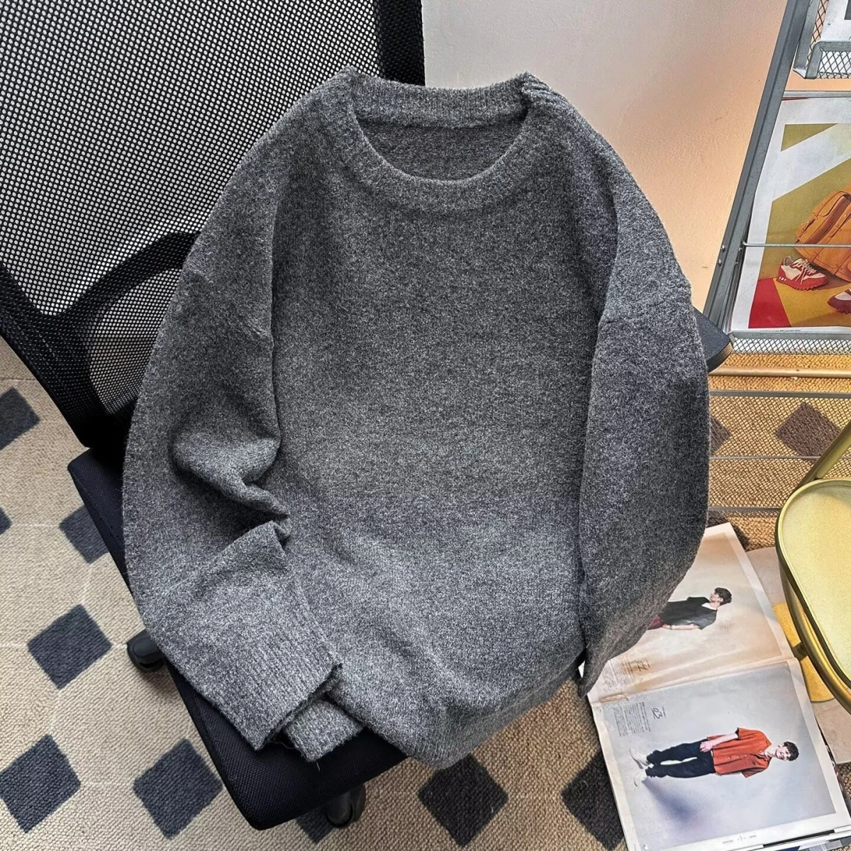 Suéter Hoado de Punto Estilo Americano de Moda, Otoño Invierno, Fibra de Poliéster, Manga Larga, Cuello Redondo, Ropa Exter...