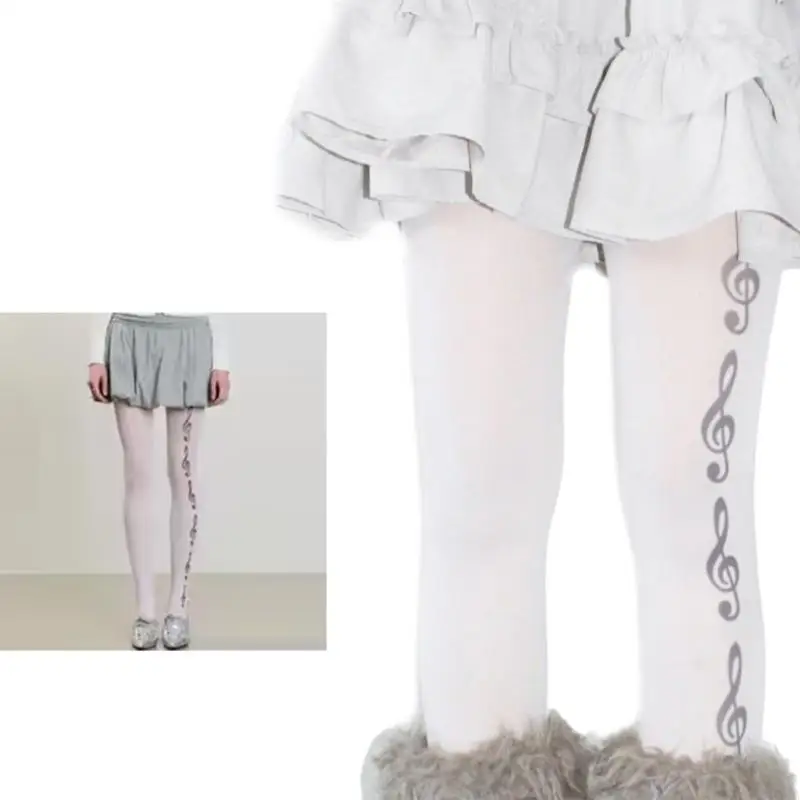 

Women Japanese White Tights Stockings Elegant Musical Note Print Pattern Opaque Silk Pantyhose Student Hosiery