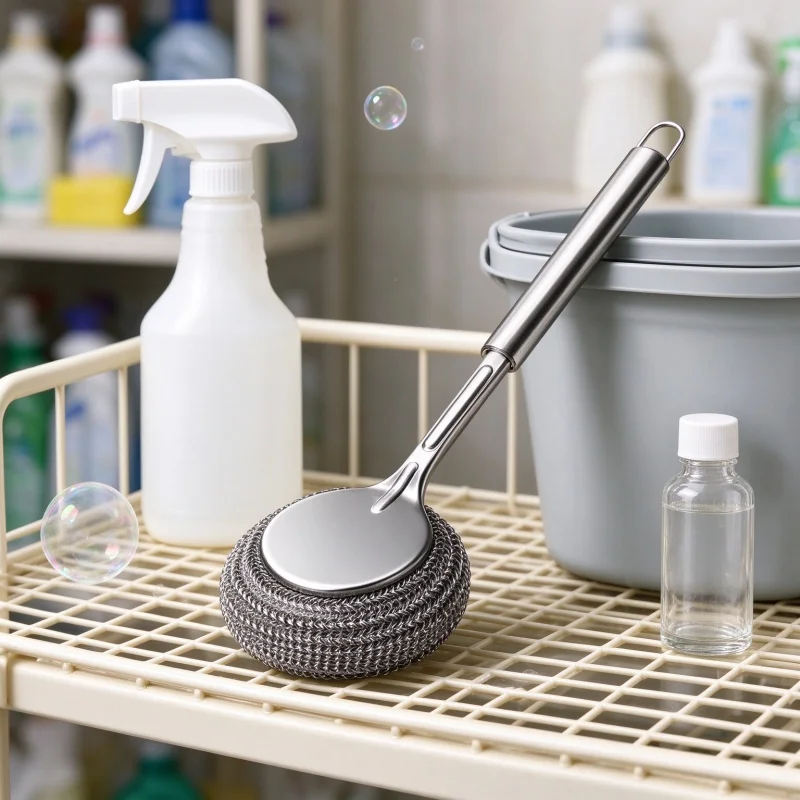 Long Handle Stainless Steel Pot Brush, Steel Wool Scrubber Dish Cleaning Brush, Kitchen Non Scratch Pot Washing Brush
