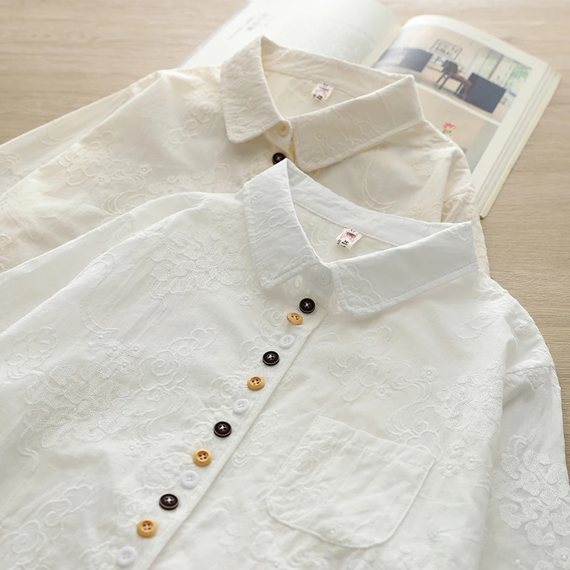 

Ele Pure Cotton Embroidered irt Women's Spring Autumn Base Layer irt Sli Beautiful Top Trendy Japanese Sle