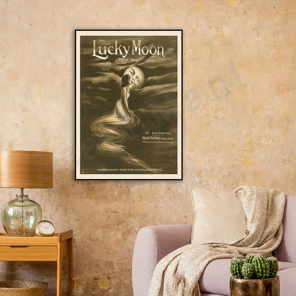 Moon Print • Vintage Lucky Moon Sheet Music Wall Art • Woman Kissing the Moon • Romantic 1920s Dreamy Night Sky Poster