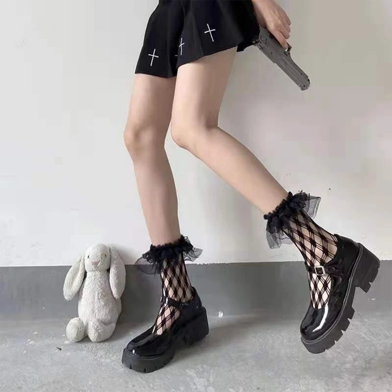 Phụ Nữ Gothic Lưới Lưới Thủy Thủ Đoàn Tất Gothic Xù Viền Ren Rỗng Fishnet Hàng Dệt Kim