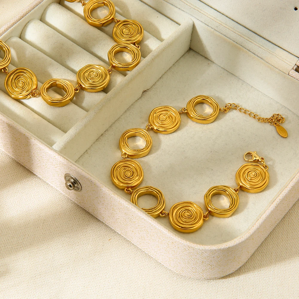 Vintage Edelstahl PVD 18K vergoldet Swirl Circle Chain Statement Choker Halskette Armband für Frauen Wasserdichter Schmuck – Detail 4